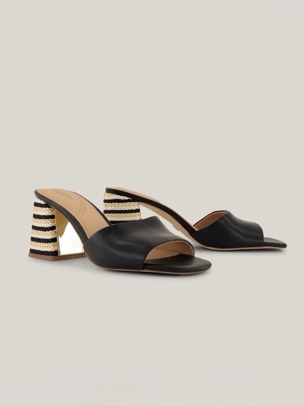 Ted Baker Black Leather Open Toe Mule with Striped Rope Heel
